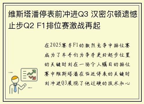 维斯塔潘停表前冲进Q3 汉密尔顿遗憾止步Q2 F1排位赛激战再起