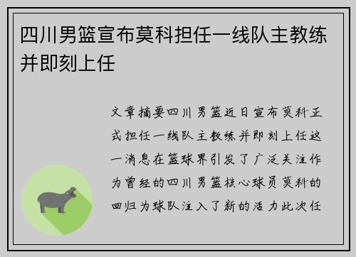 四川男篮宣布莫科担任一线队主教练并即刻上任